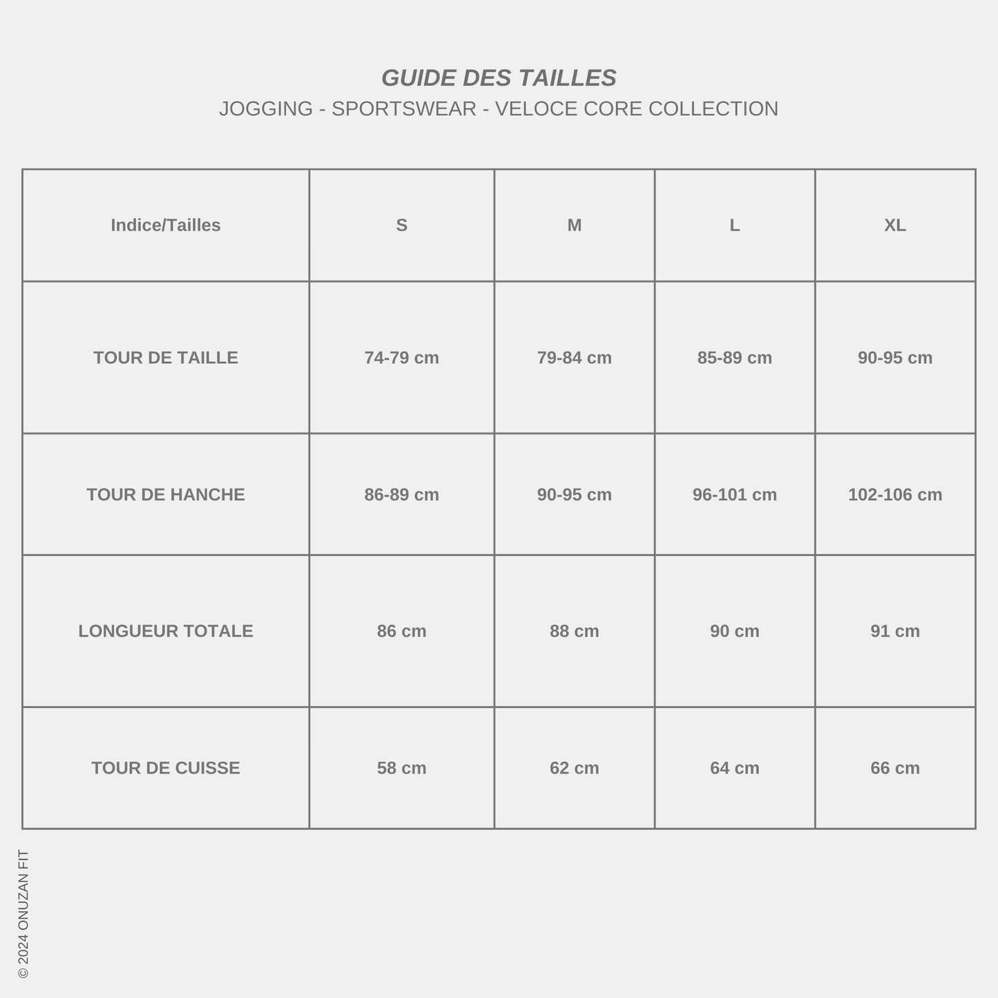 Guide des tailles - Jogging - VELOCE CORE XY-002