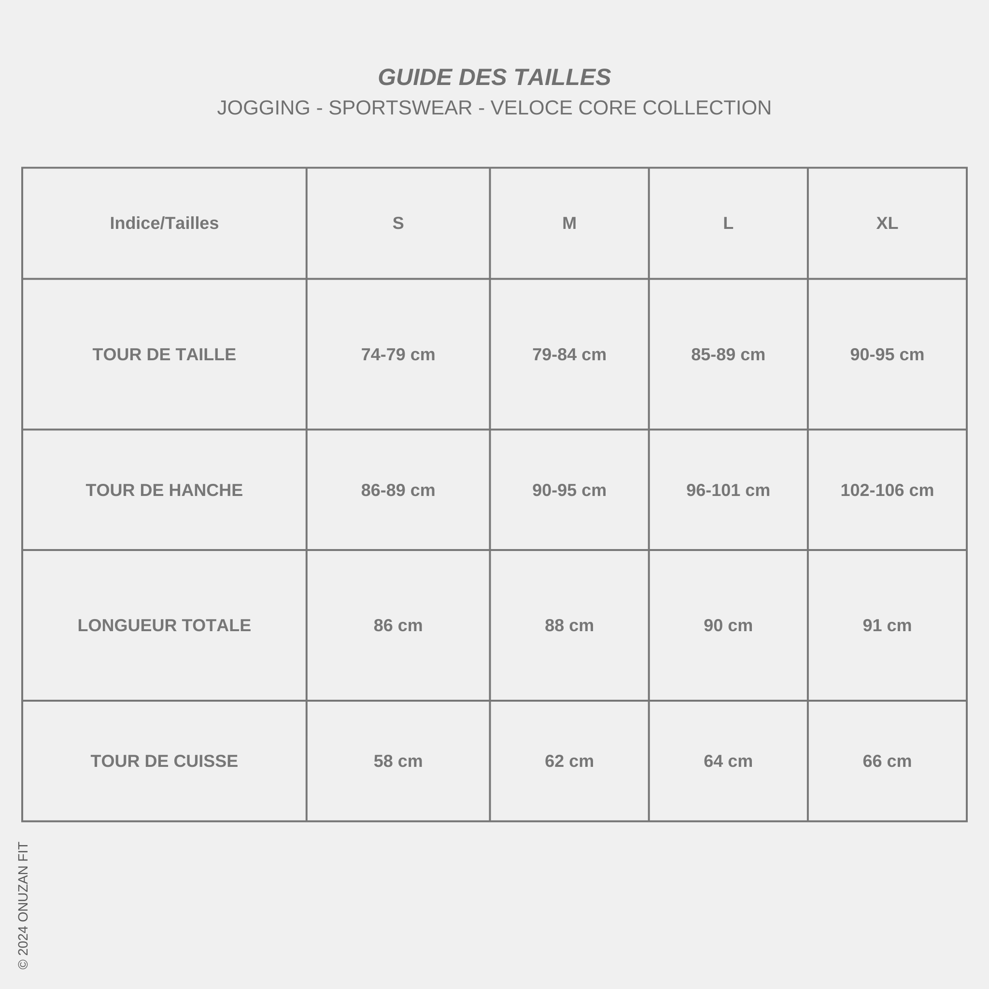 Guide des tailles - Jogging - VELOCE CORE XY-002