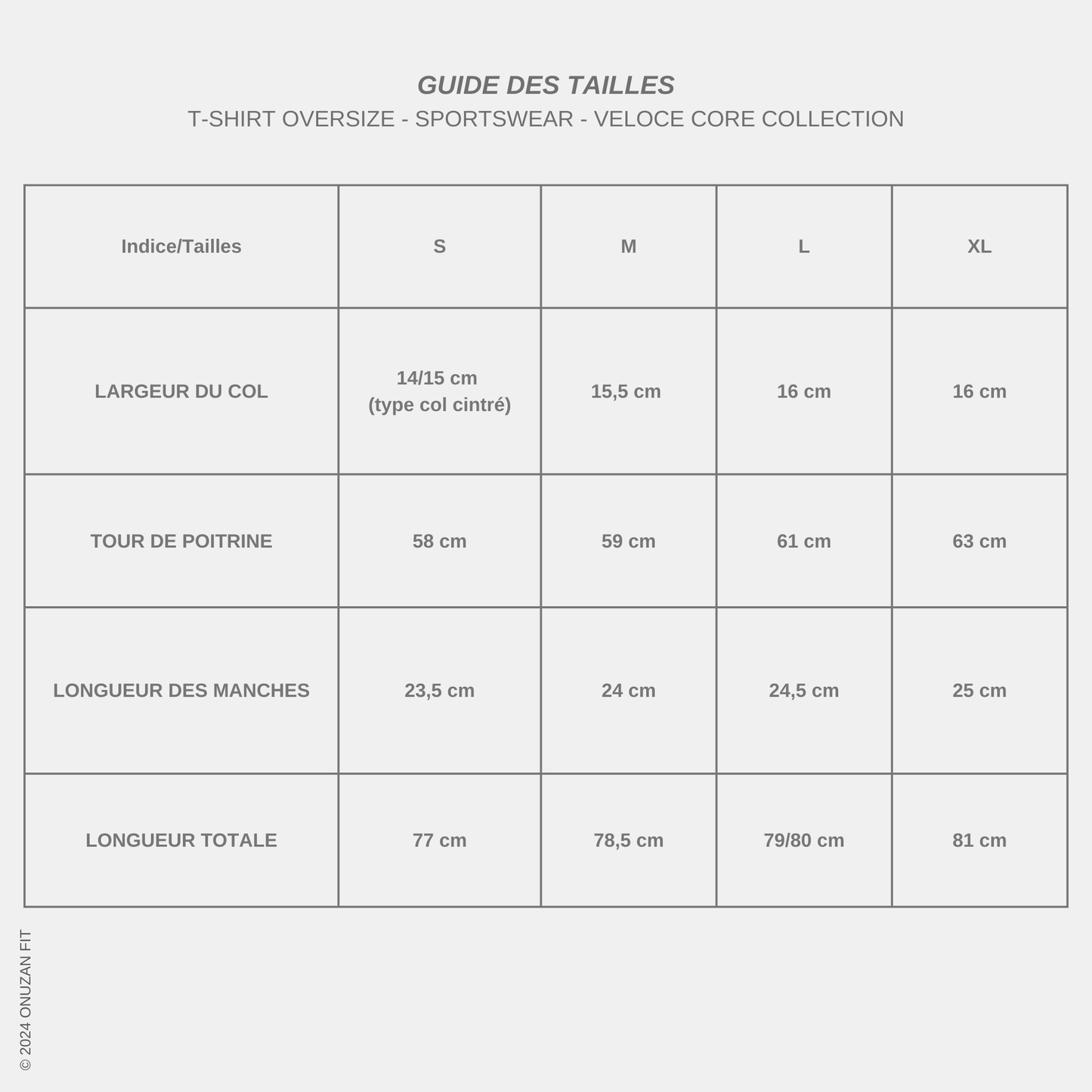 Guide des tailles - T-shirt VELOCE CORE XY-001