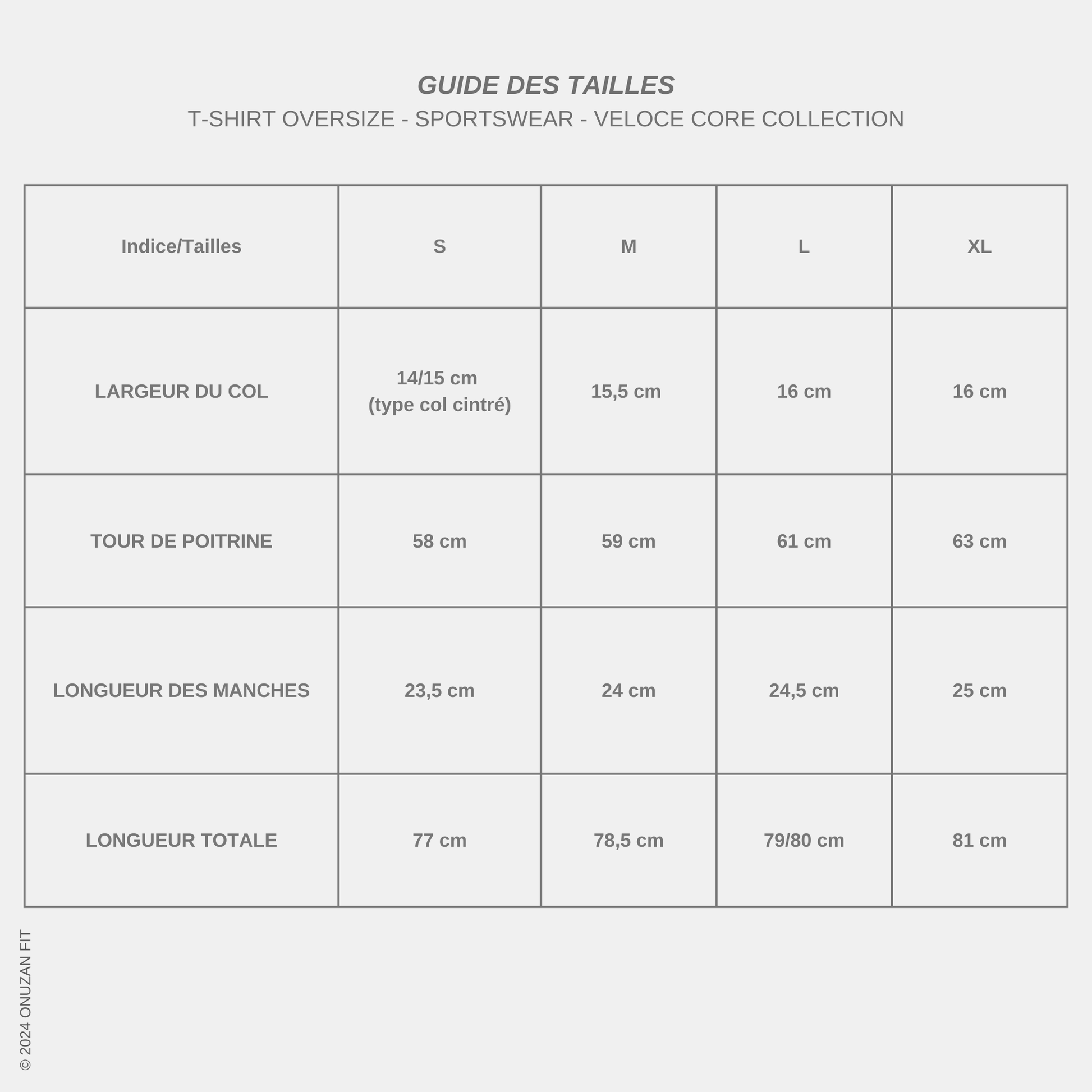 Guide des tailles - T-shirt VELOCE CORE XY-001