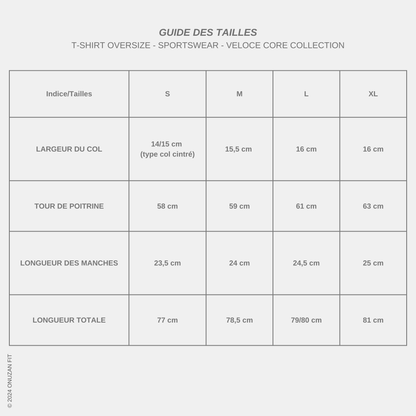 Guide des tailles - T-shirt VELOCE CORE XY-001